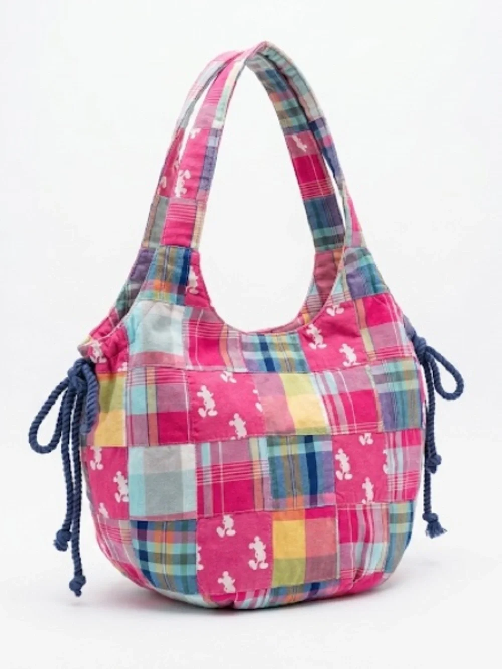 Disney Parks Hobo Bag Mickey Mouse Rope Cinch Plaid Patchwork Pink Multi OS
